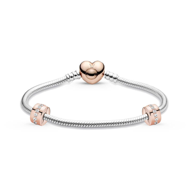 Pandora Iconic Rose Gold Heart Clasp Bracelet & CZ Clips Gift Set with Free Charm image number 2