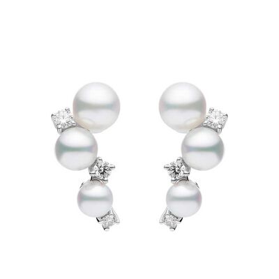 Mikimoto Akoya Cultured Pearl & Diamond Bubble Earrings 18K