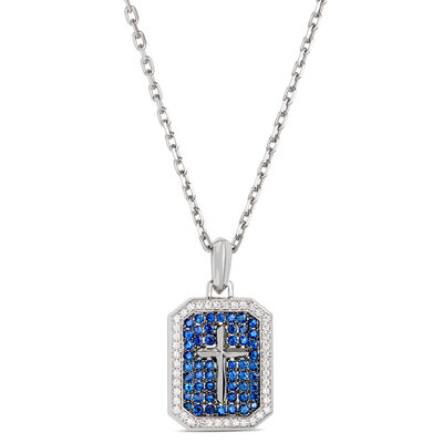 Blue Sapphire and Diamond Dog Tag Necklace, 18K White Gold