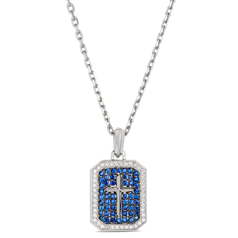 Blue Sapphire and Diamond Dog Tag Necklace, 18K White Gold image number 0