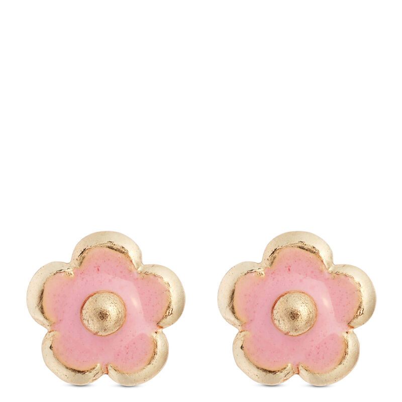 Baby Pink Enamel Flower Screwback Earrings, 14K Yellow Gold image number 0