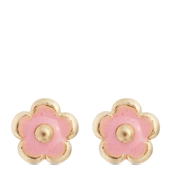 Baby Pink Enamel Flower Screwback Earrings, 14K Yellow Gold