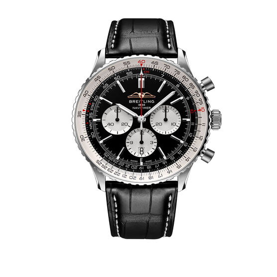 Breitling Navitimer B01 Chronograph Watch Steel Case Black Dial Black Leather Strap, 46mm