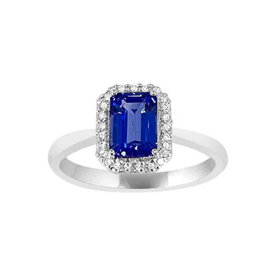 Emerald Cut Tanzanite Ring with Diamond Halo, 14K White Gold
