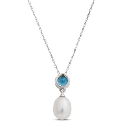 Pearl and Blue Topaz Pendant Necklace, 14k White Gold