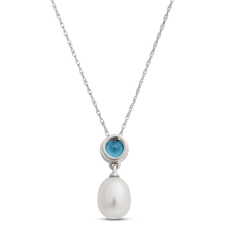Pearl and Blue Topaz Pendant Necklace, 14k White Gold image number 1