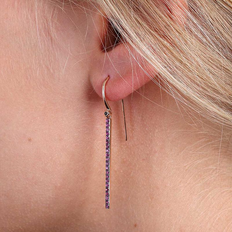 Rose Gold Pink Sapphire & Black Diamond Bar Drop Earrings 14K image number 2