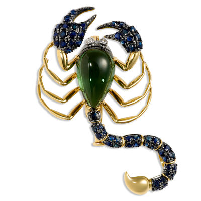 Scorpion Brooch with Sapphires, Diamonds, and Tourmaline, 18K Yellow Gold