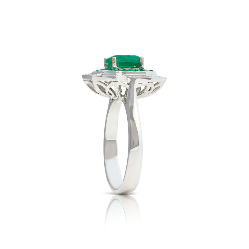 Square & Baguette Emerald & Diamond Halo Ring 14K image number 2