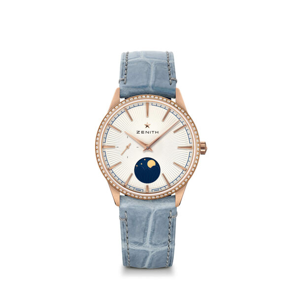 Zenith ELITE Moonphase Watch Silver-Tone Dial Blue Leather Strap, 36mm