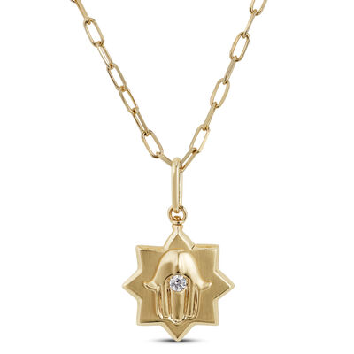 Ikuma Diamond Paperclip Necklace with Hamsa Pendant, 14K Yellow Gold