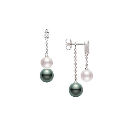 Mikimoto Morning Dew Akoya Cultured and Black South Sea Cultured Pearl Earrings with Diamonds, 18K White Gold