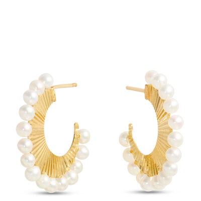Freshwater Pearls Semi-Hoop Earrings, 14K Yellow Gold