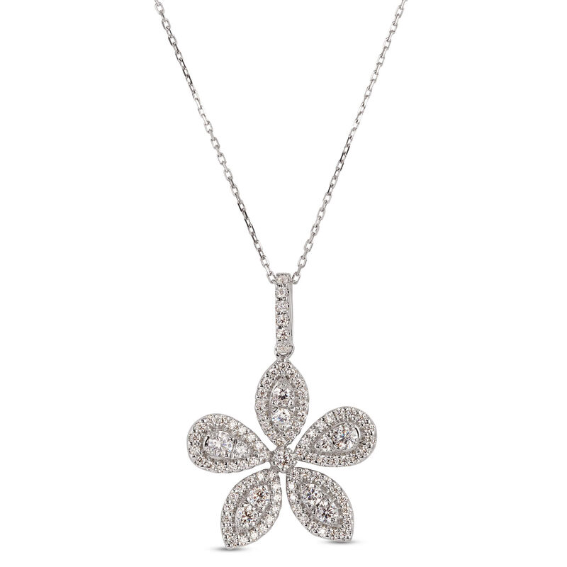 Diamond Flower Shaped Pendant Necklace, 14K White Gold image number 0