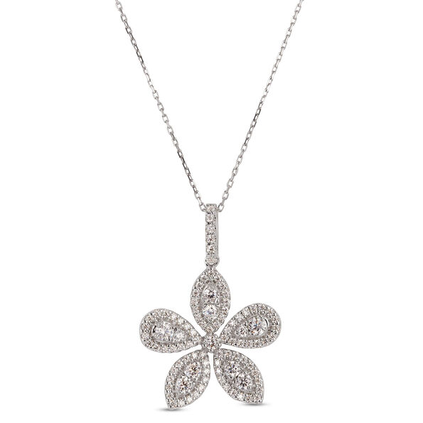 Diamond Flower Shaped Pendant Necklace, 14K White Gold