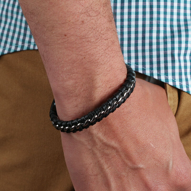 Leather & Steel Woven Men's Bracelet image number 2