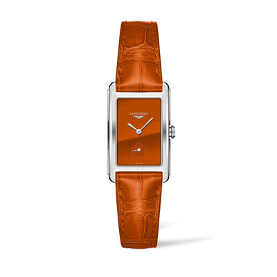 Longines DolceVita Watch Rectangle Orange Dial Orange Leather Strap, 23mm