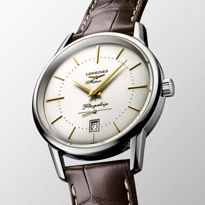 Longines Flagship Heritage Silver Alligator Automatic Watch, 38mm