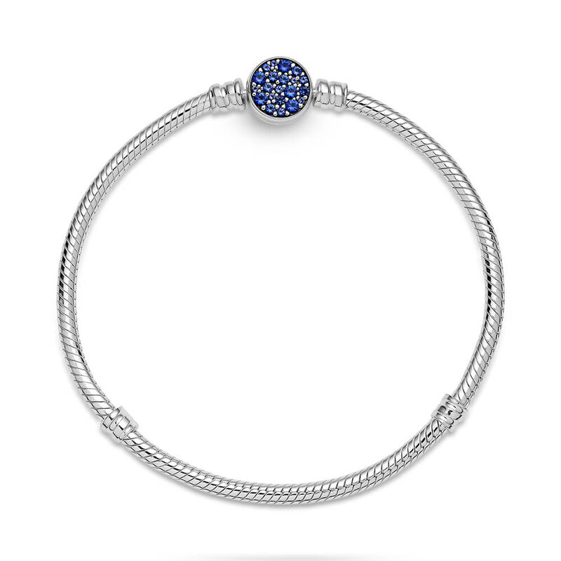 Pandora Moments Sparkling Blue Crystal Disc Clasp Snake Chain Bracelet image number 3