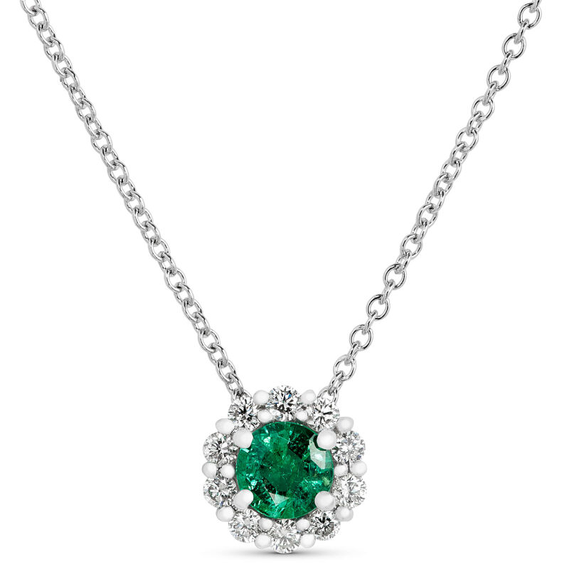 Round Cut Emerald Diamond Halo Necklace, 14K White Gold image number 0