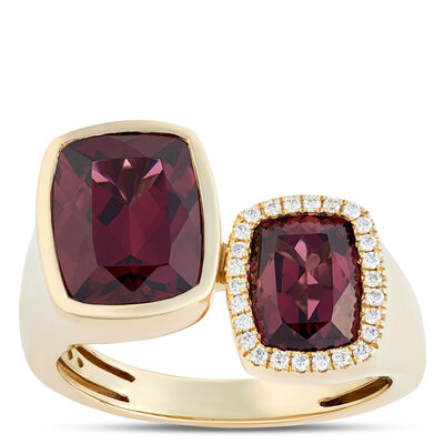 Cushion Cut Rhodolite and Diamond Bypass Ring, 14K Yellow Gold