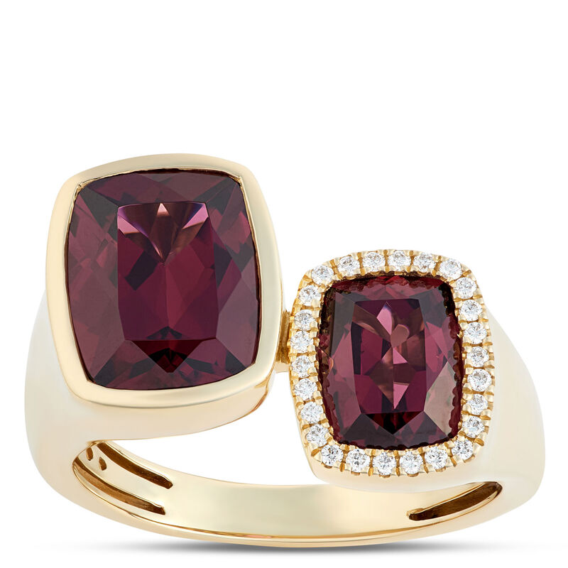 Cushion Cut Rhodolite and Diamond Bypass Ring, 14K Yellow Gold image number 0