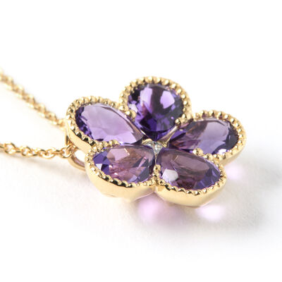 Flower Shaped Amethyst and Diamond Pendant, 14K Yellow Gold