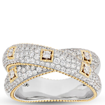 Two-Tone Crisscross Diamond Ring, 1 &frac14; Carat Total Weight, 18K White and Yellow Gold Size 7
