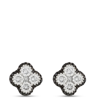 White and Black Diamond Clover Earrings, 1 Carat Total Weight, 14K White Gold