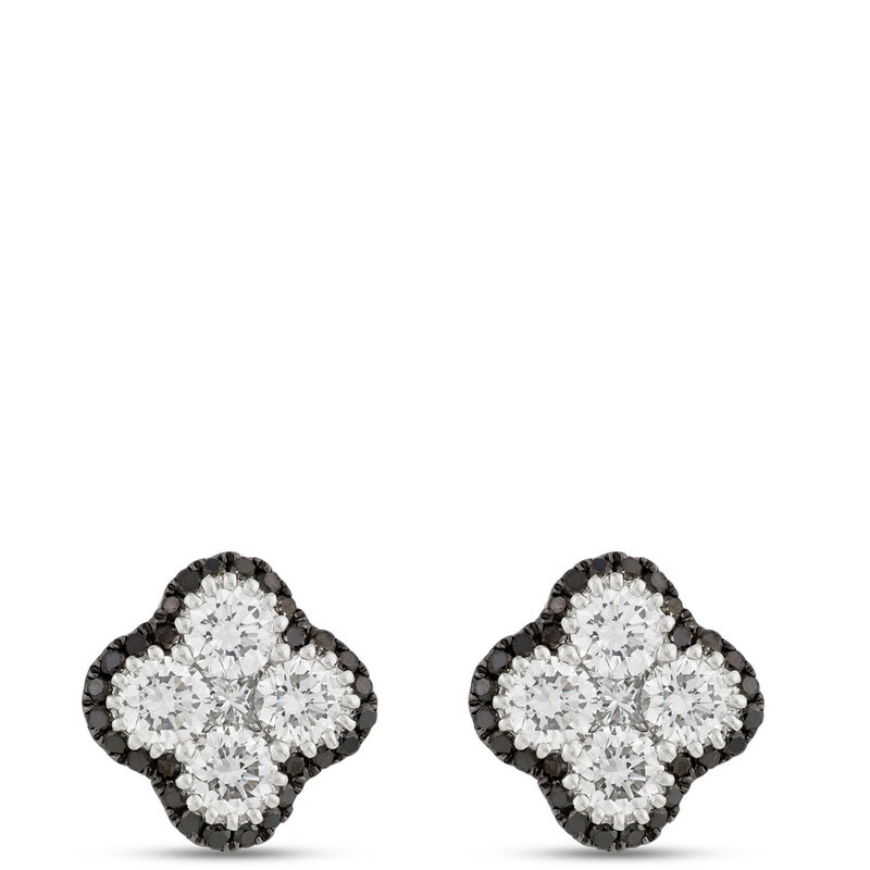 White and Black Diamond Clover Earrings, 1 Carat Total Weight, 14K White Gold image number 0