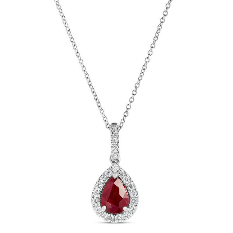 Pear Shaped Ruby and Diamond Halo Pendant Necklace, 14K White Gold image number 0