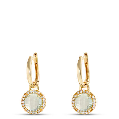 Green Quartz Dangle Earrings, 14K Yellow Gold