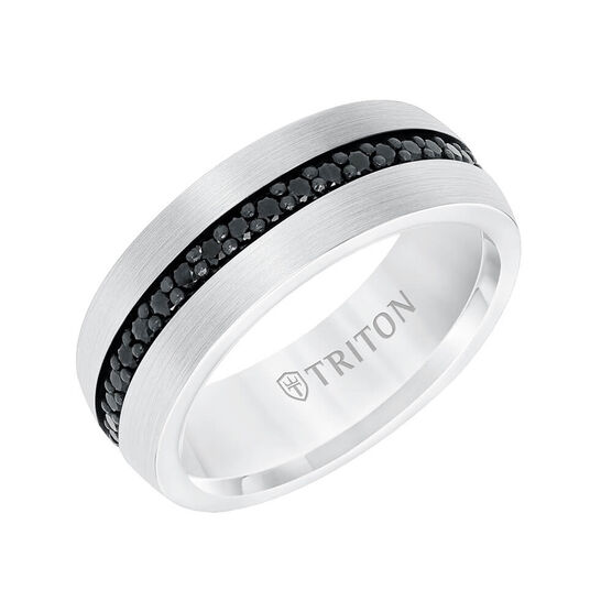 TRITON Stone Comfort Fit Black Sapphire Eternity Band in White Tungsten, 8 mm