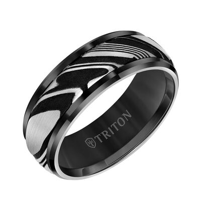 TRITON Contemporary Comfort Fit Band Tungsten and Damascus Steel, 8MM