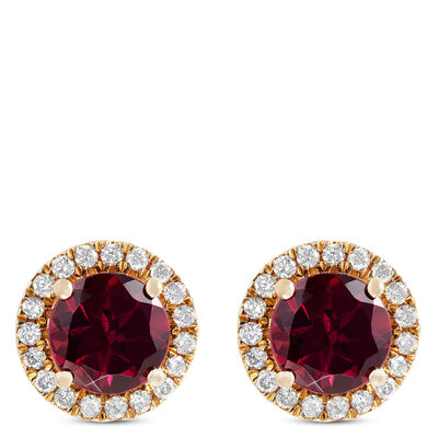 Round Cut Rhodolite and Diamond Halo Earrings, 14K Yellow Gold&nbsp;