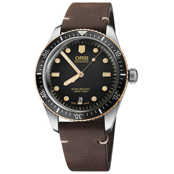 Oris Divers Sixty-Five Black Leather Steel Bronze Watch, 40mm