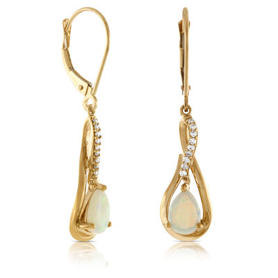 Pear Shaped Opal & Diamond Drop Earrings 14K