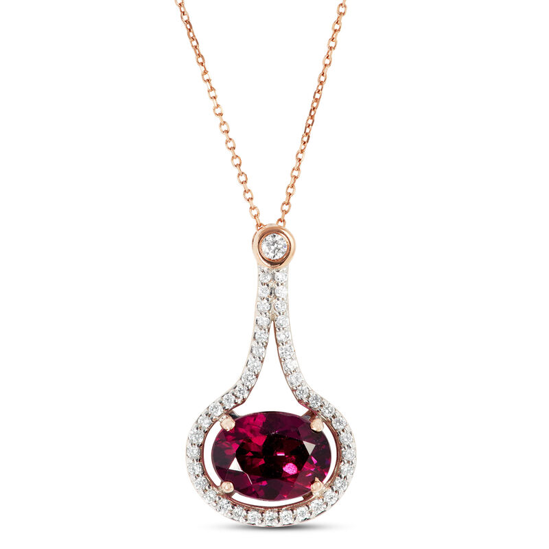 Rose Gold Oval Purple Garnet & Diamond Teardrop Halo Necklace 14K image number 0