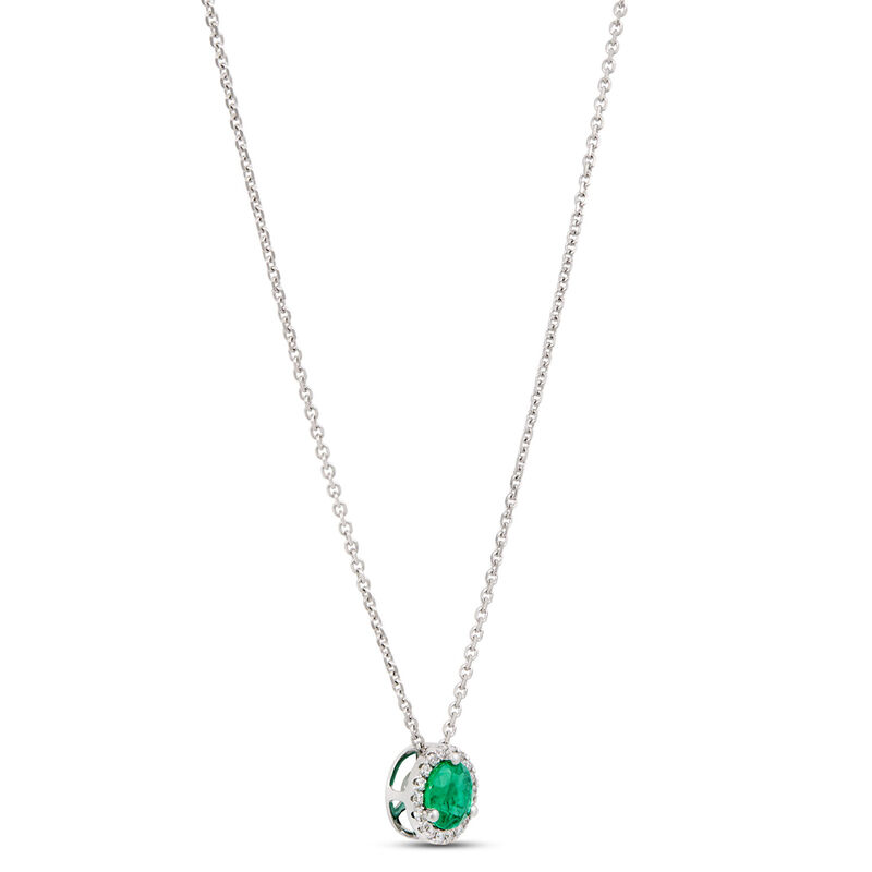 Round Emerald Pendant with Diamond Halo, 14K White Gold image number 2