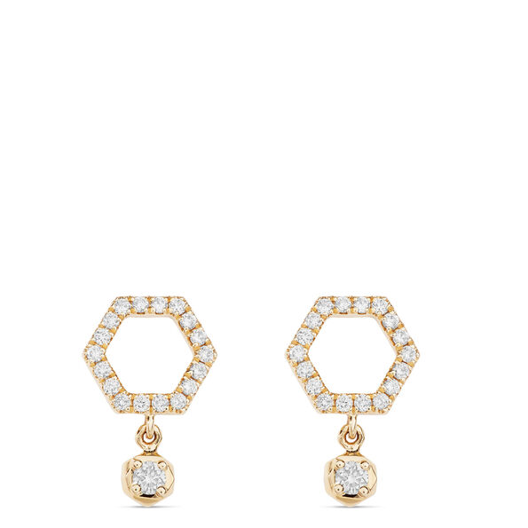 Diamond Hex Shape Dangle Earrings, 14K Yellow Gold