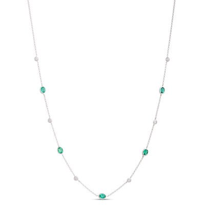 18-Inch Oval Emerald Station Necklace, 14K White Gold