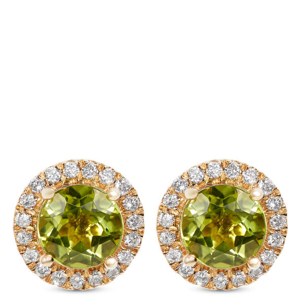 Round Cut Peridot and Diamond Halo Earrings, 14K Yellow Gold