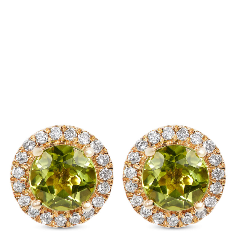 Round Cut Peridot and Diamond Halo Earrings, 14K Yellow Gold image number 0