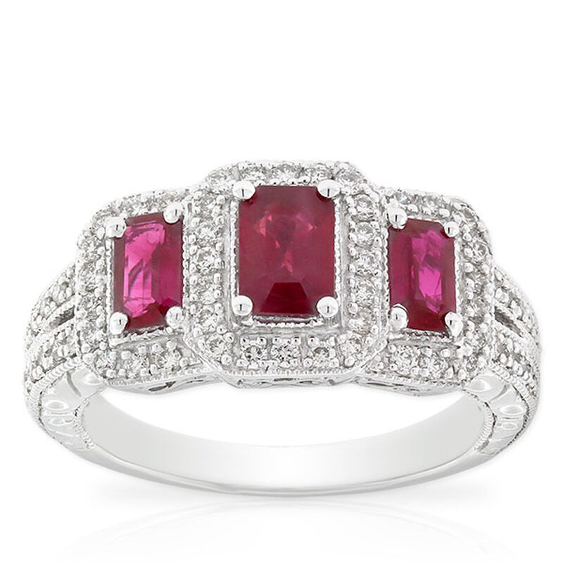 Ruby & Diamond 3-Stone Ring 14K image number 8
