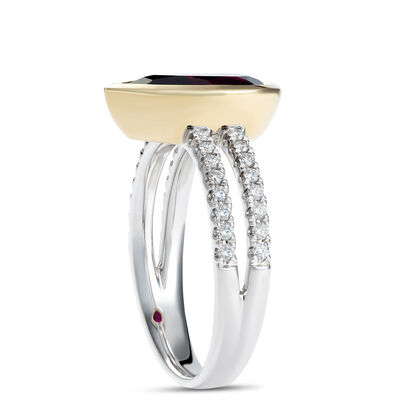 Pear Shaped Rhodolite Ring with Diamonds, &frac14; Carat Total Weight, 14K Two-Tone
