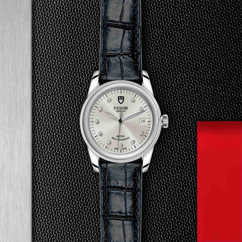 TUDOR Glamour Date Watch Silver Dial Black Leather Strap, 36mm image number 4