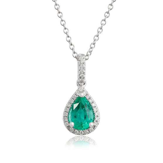 Pear Emerald & Diamond Halo Drop Necklace 14K