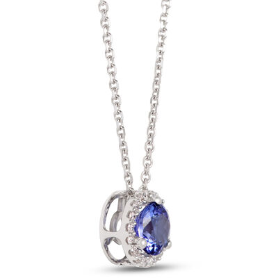 Round Tanzanite Pendant with Diamond Halo, 14K White Gold