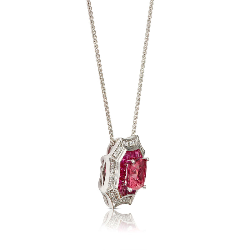 Square Pink Tourmaline, Baguette Ruby & Diamond Halo Necklace 14K image number 1