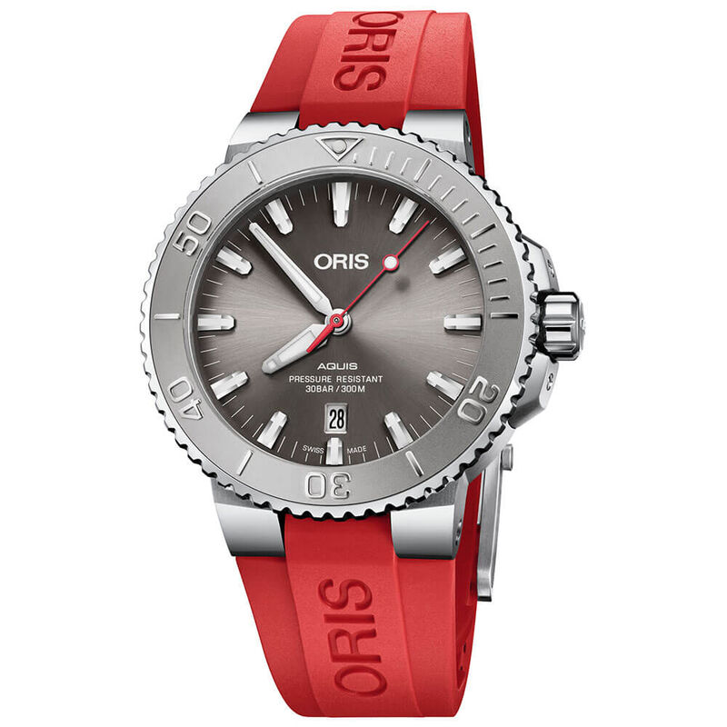 Oris Aquis Relief Grey & Red Rubber Steel Watch Date, 43.5mm image number 1